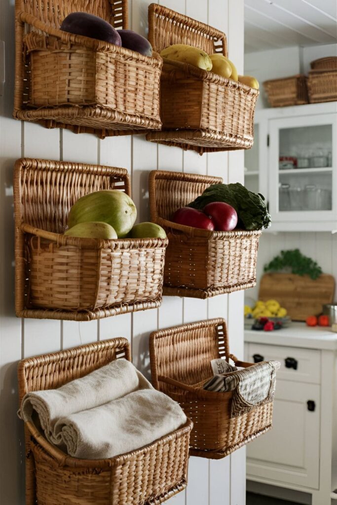 Farmhouse-style kitchen with wicker wall-mounted baskets holding fruits, vegetables, and kitchen linens, adding a rustic touch