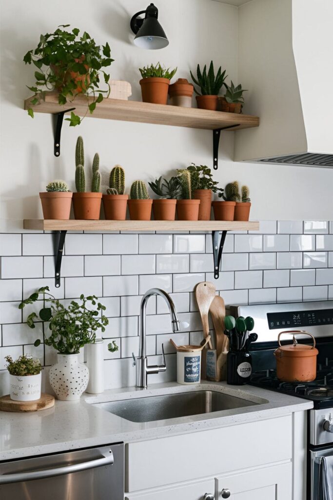 Floating shelves in a kitchen filled with small pots of cacti, succulents, and herbs, placed above the sink