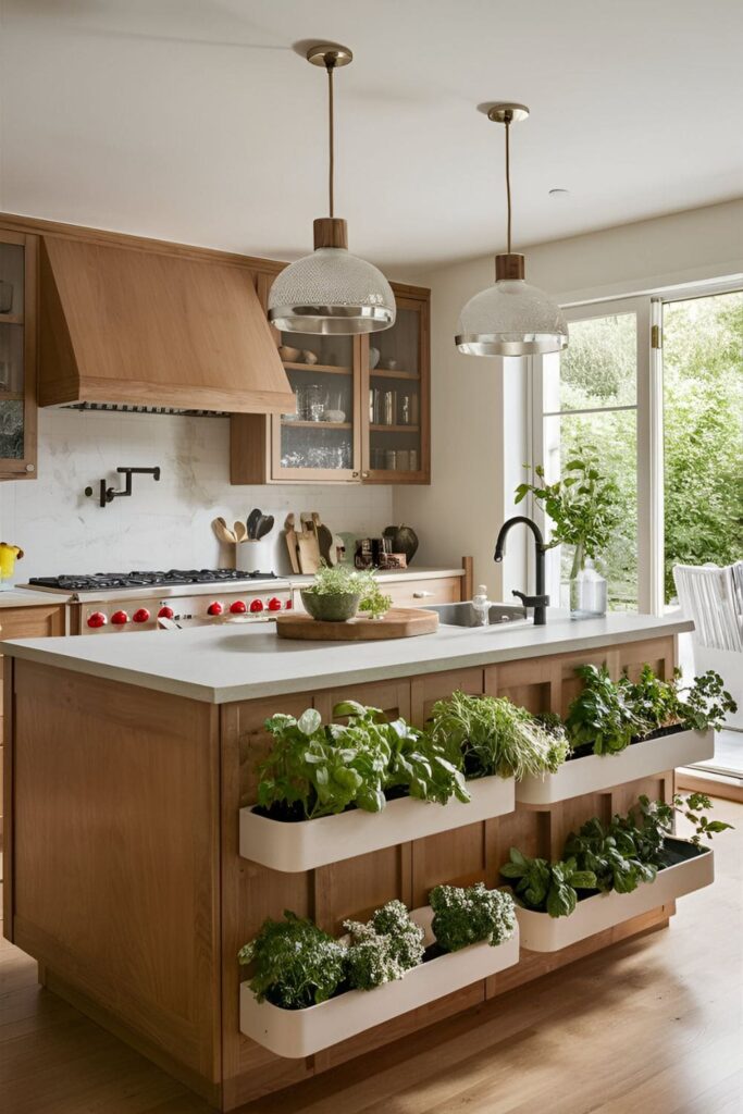 Fresh kitchen island with built-in planters for growing herbs, adding a touch of nature and convenience for cooking