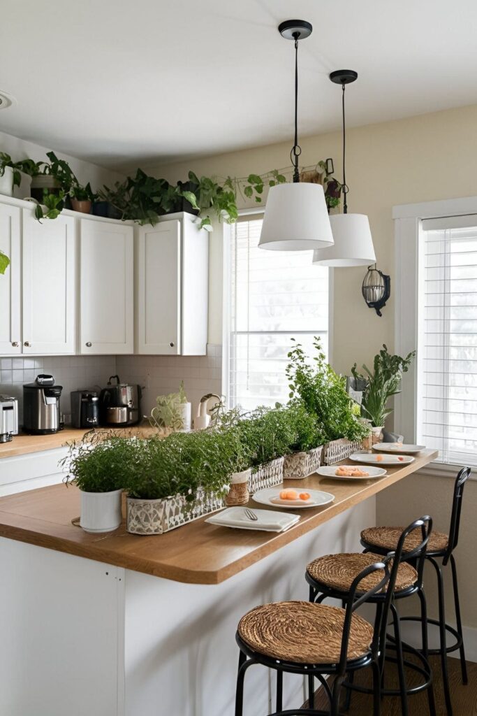 Fresh kitchen with a breakfast bar adorned with plants including a small herb garden or decorative planters bringing nature indoors