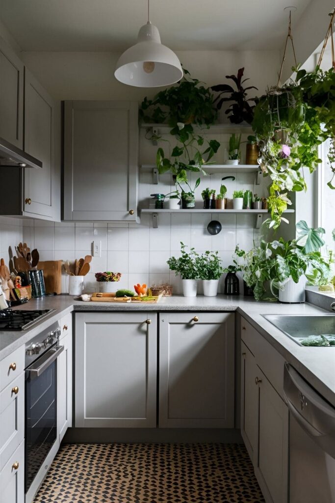 Fresh kitchen with grey cabinets and various indoor plants, including potted herbs and hanging greenery