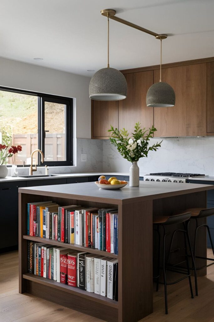 Functional kitchen island with an integrated bookshelf, perfect for displaying cookbooks and decorative items