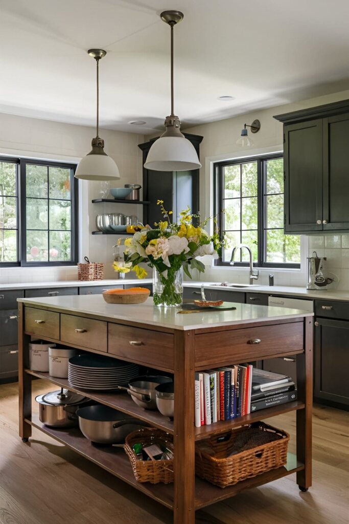 Functional kitchen island with built-in shelves and drawers, providing ample storage for pots, pans, and cookbooks