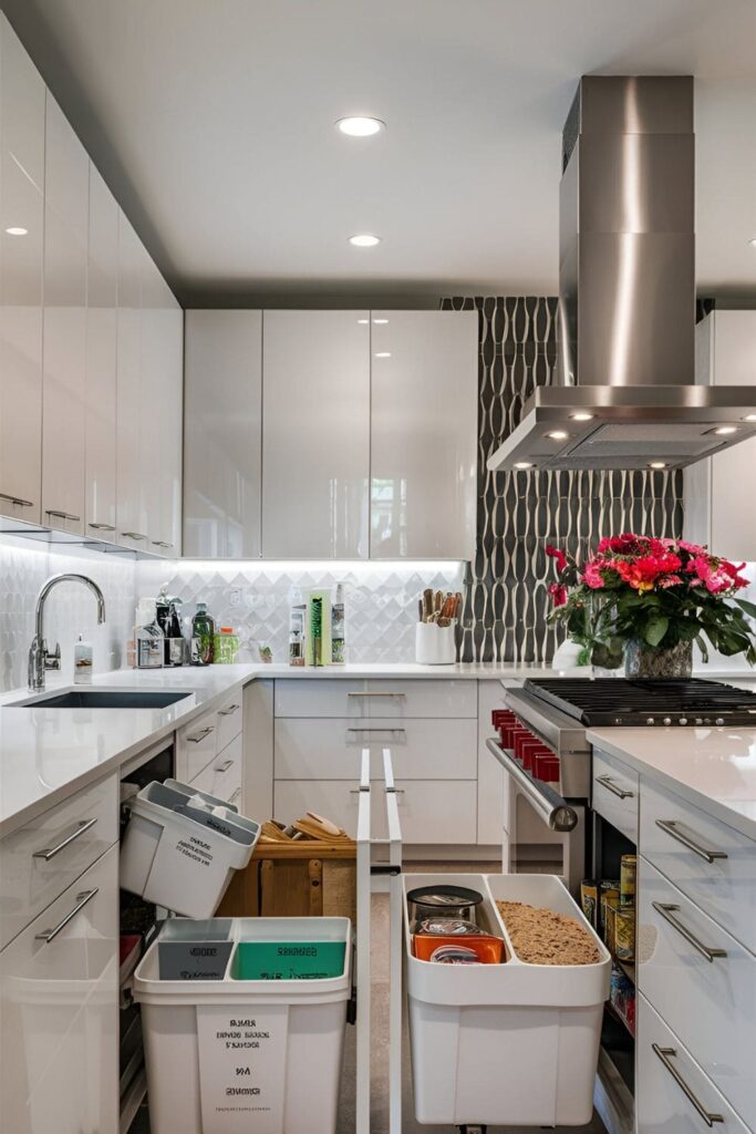 Functional kitchen with slide-out bins under the counter used for recycling and storing bulk items, keeping the kitchen organized