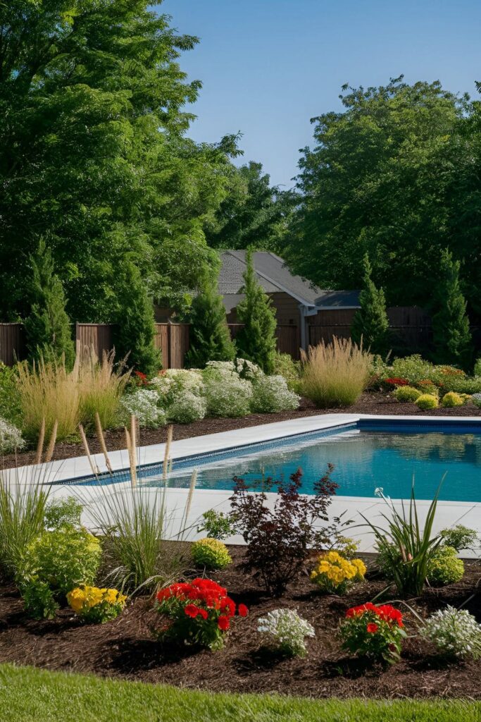 Garden beds around a pool area planted with a mix of colorful flowers, shrubs, and ornamental grasses