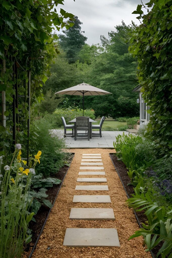 Garden path leading to a patio, made of stones, bricks, or gravel, with plants and flowers lining the sides, guiding guests to the outdoor retreat