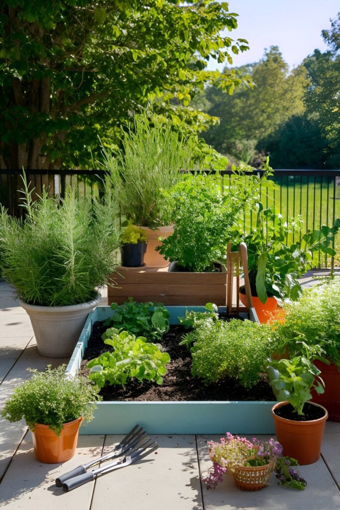 Herb garden with various herbs planted in pots and a designated garden bed, located on a sunny patio, with gardening tools nearby