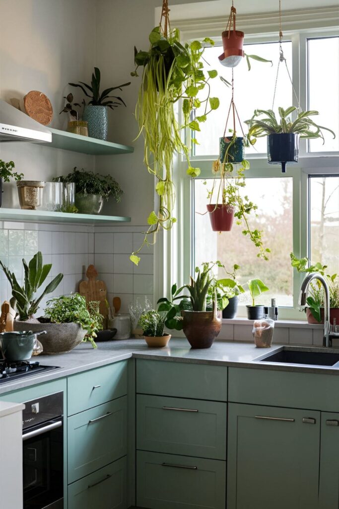 High-ceiling kitchen with hanging planters above the island or dining table, featuring ferns, ivy, and air plants