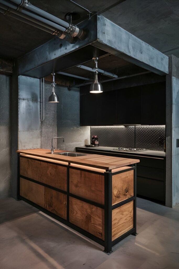 Industrial-style kitchen with a breakfast bar made of metal and wood with an edgy contemporary look and exposed pipes