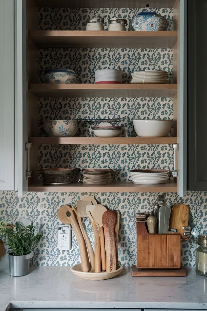 Inside of a kitchen cabinet with shelves lined with floral-patterned decorative contact paper, showing a roll of contact paper being applied