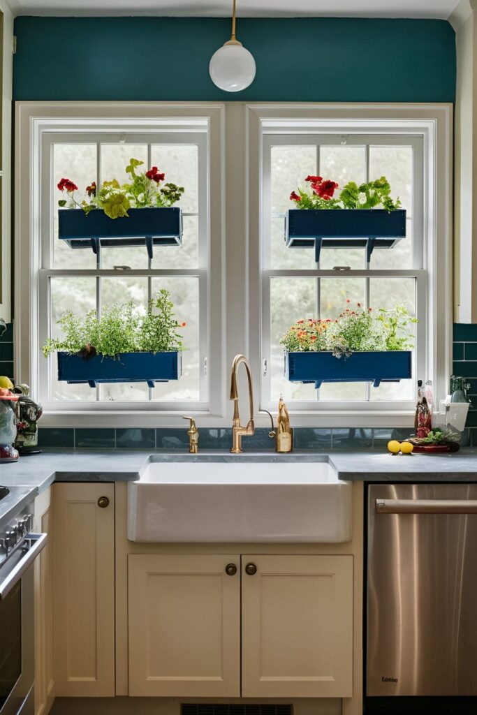 Interior view of a kitchen with window boxes inside the windows, filled with colorful flowers and herbs