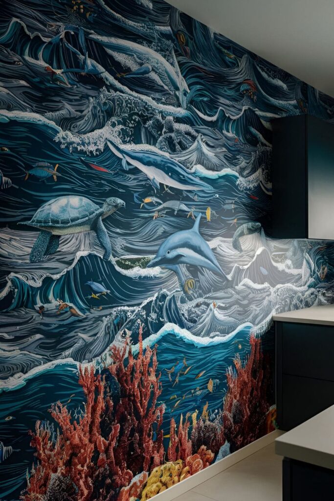 Kitchen accent wall covered in oceanic wallpaper with patterns of waves, sea creatures, and coral reefs