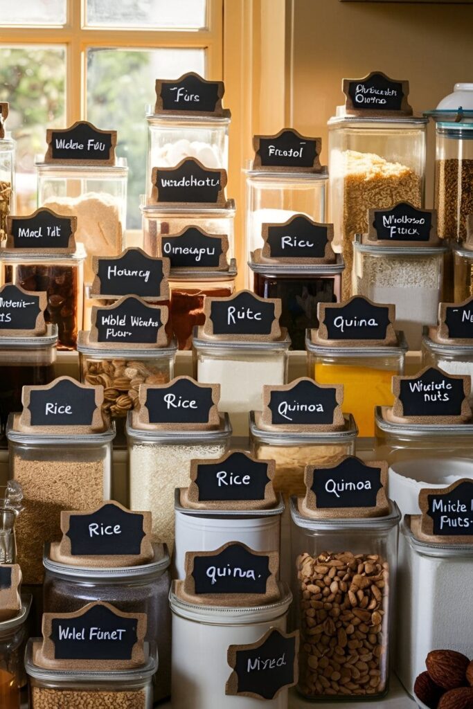 Kitchen containers with small, rectangular cardboard chalkboard labels attached, neatly identifying the contents of each jar or canister