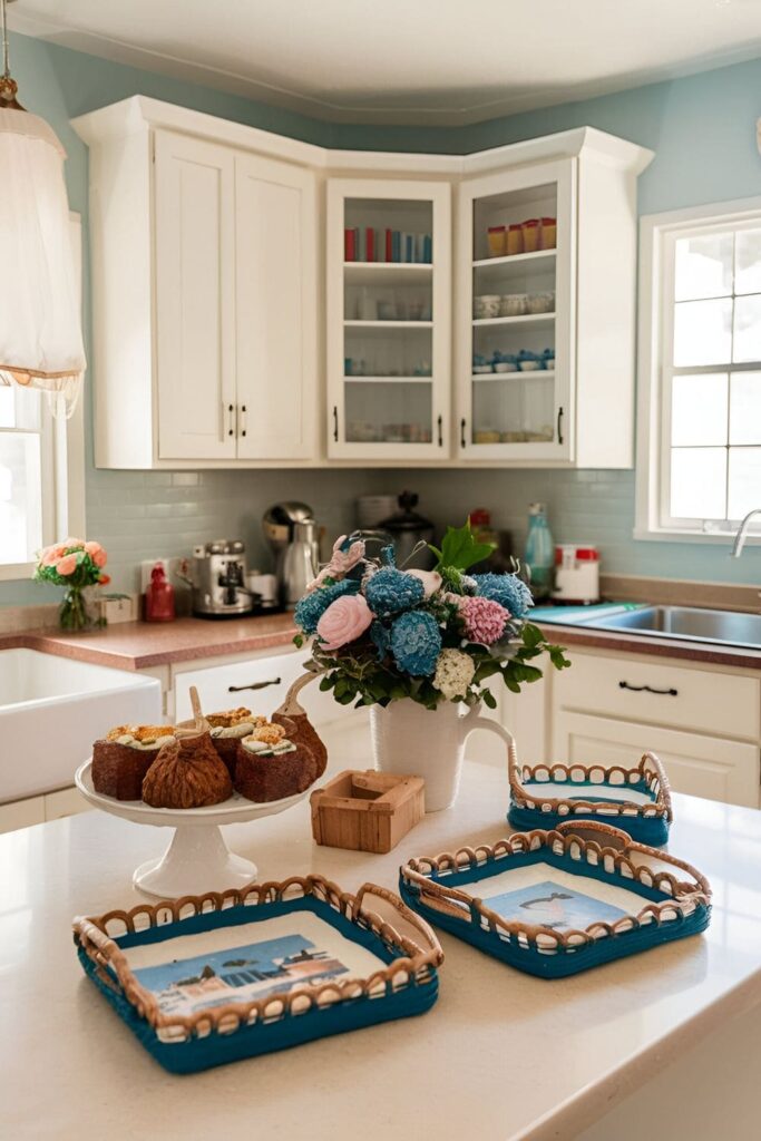 Kitchen counter with coastal-themed serving trays depicting beach scenes and nautical motifs