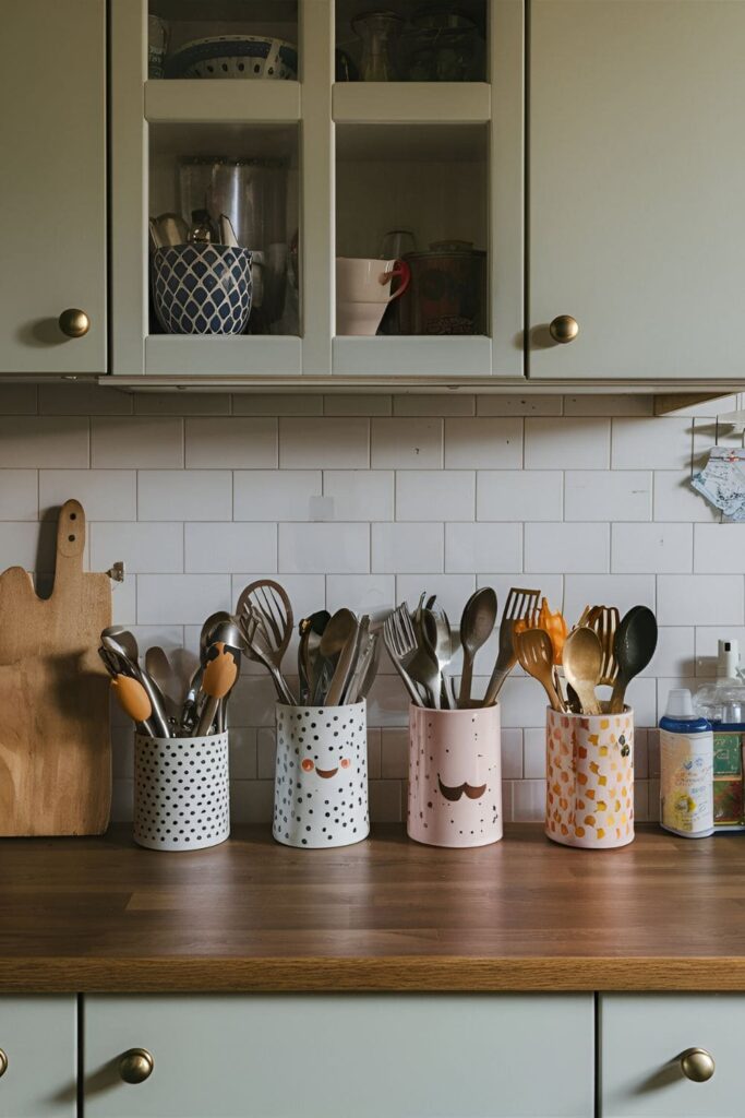 Kitchen counter with utensil holders in interesting designs and playful shapes, keeping utensils organized