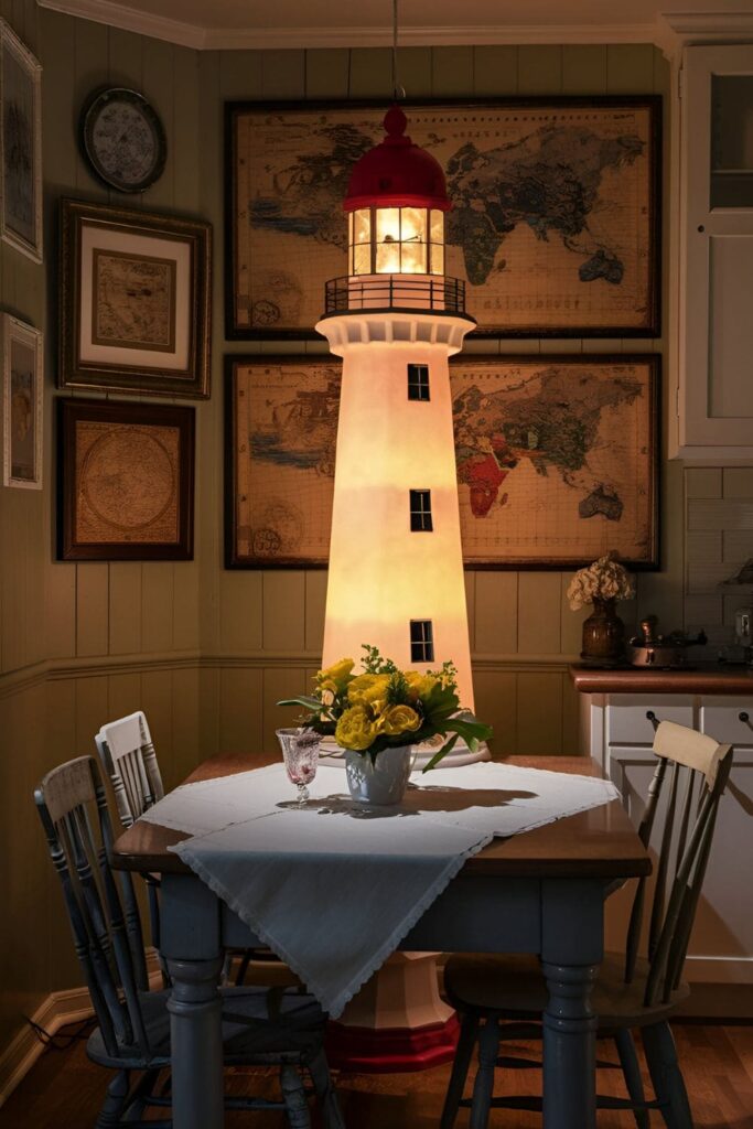 Kitchen countertop with a lighthouse-shaped lamp providing warm ambient lighting