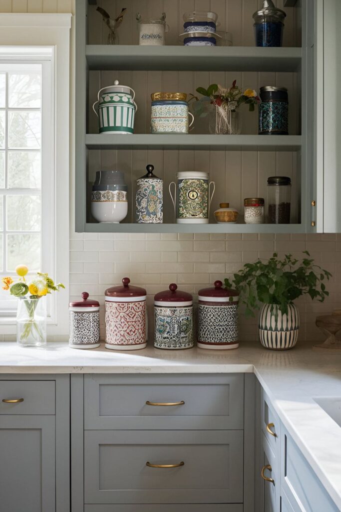 Kitchen countertops with stylish canisters in interesting patterns and designs, storing dry goods