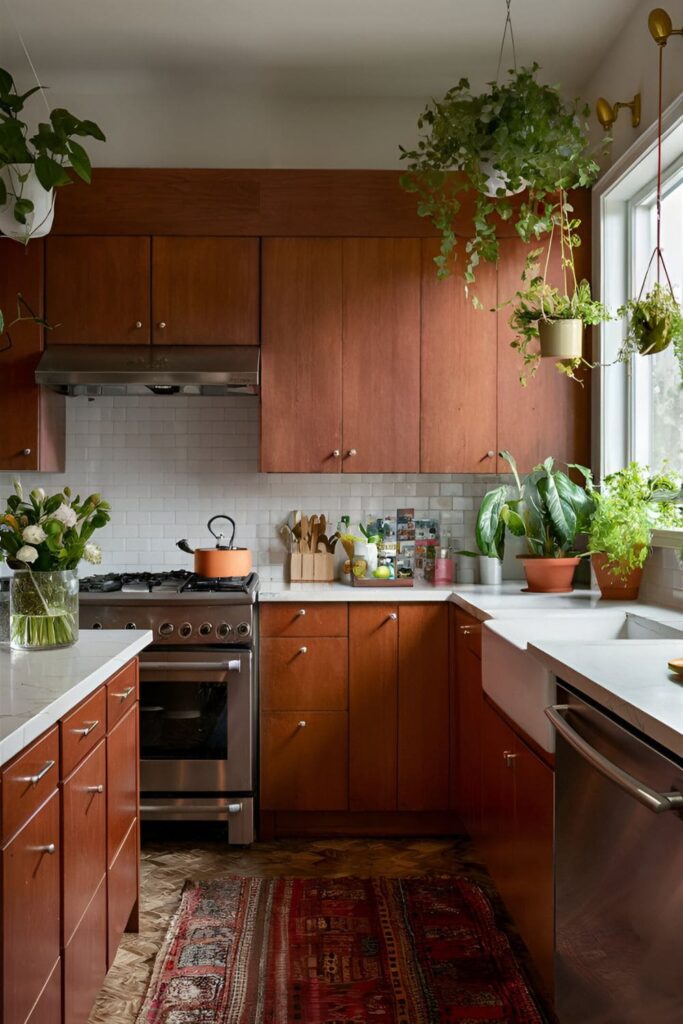 Kitchen featuring cherry wood cabinets with various plants, including potted herbs and hanging greenery, adding color and freshness