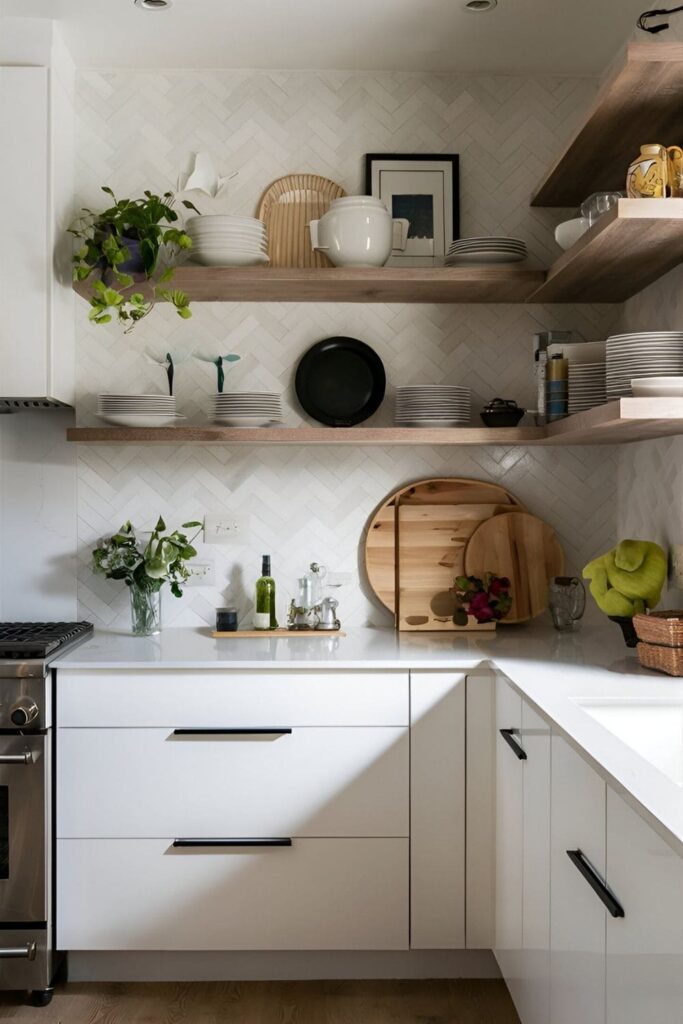 Kitchen featuring white cabinets and wooden open shelves with stylish dishware