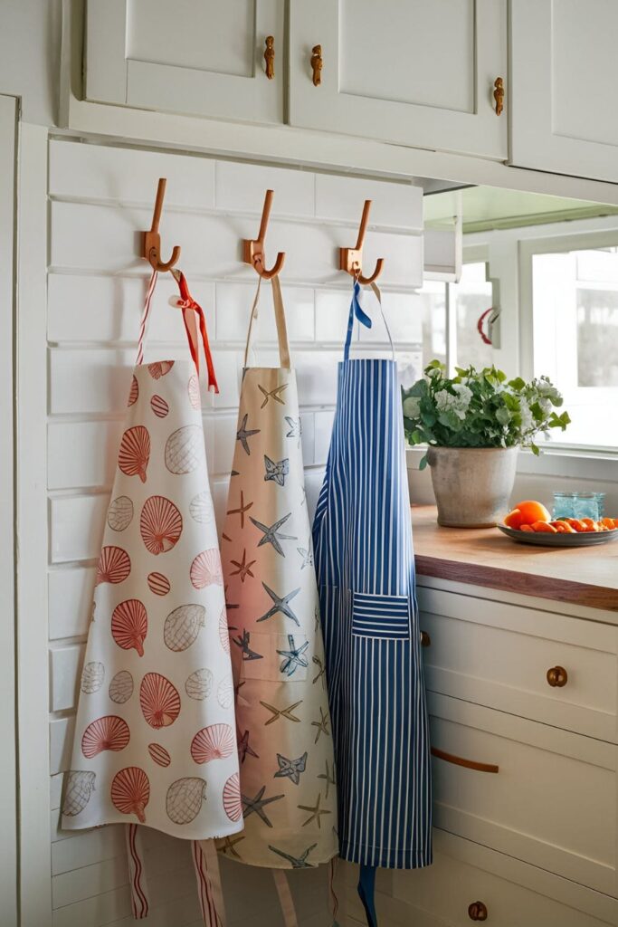 Kitchen hooks with aprons featuring patterns of seashells, starfish, and nautical stripes