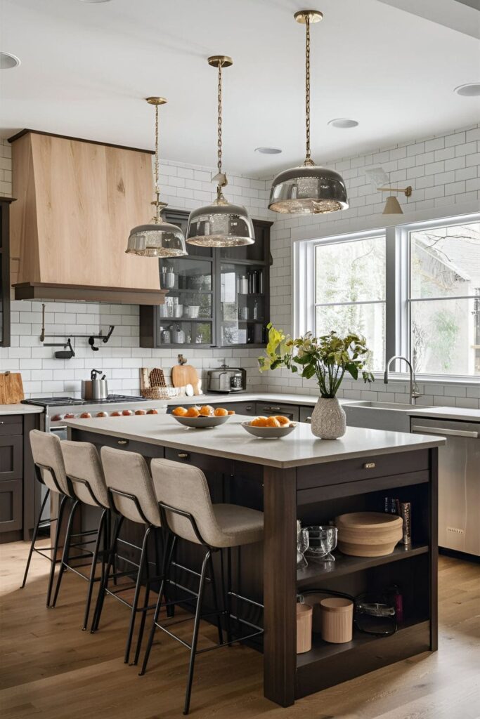 Kitchen island with an extended countertop serving as a breakfast bar, accompanied by stylish bar stools