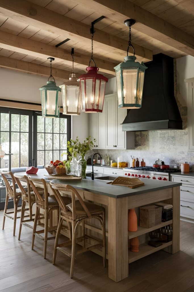 Kitchen island with hanging lanterns in weathered finishes or bright colors providing soft lighting