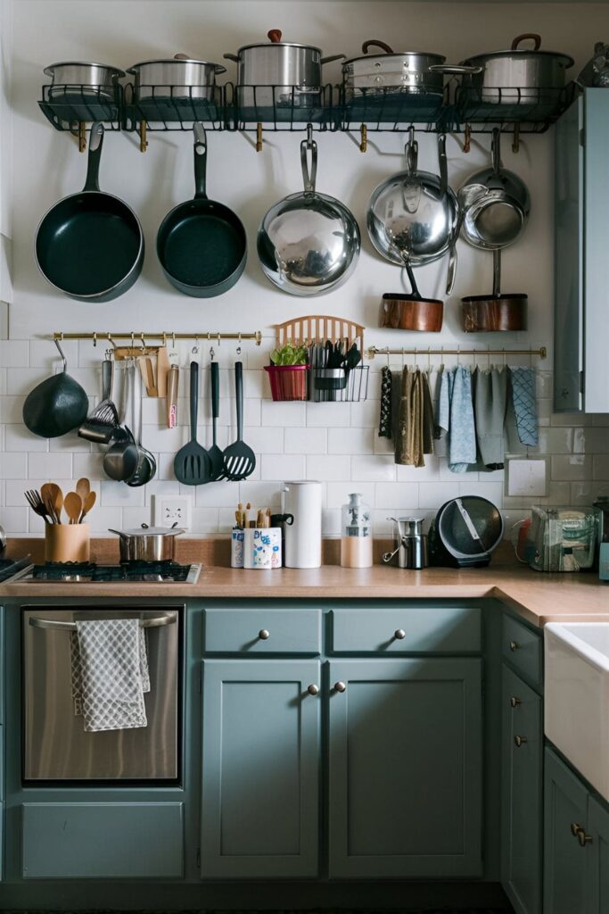 Kitchen utilizing wall space with hooks and racks holding pots, pans, utensils, and dish towels. The items are organized and off the counter, adding a decorative element