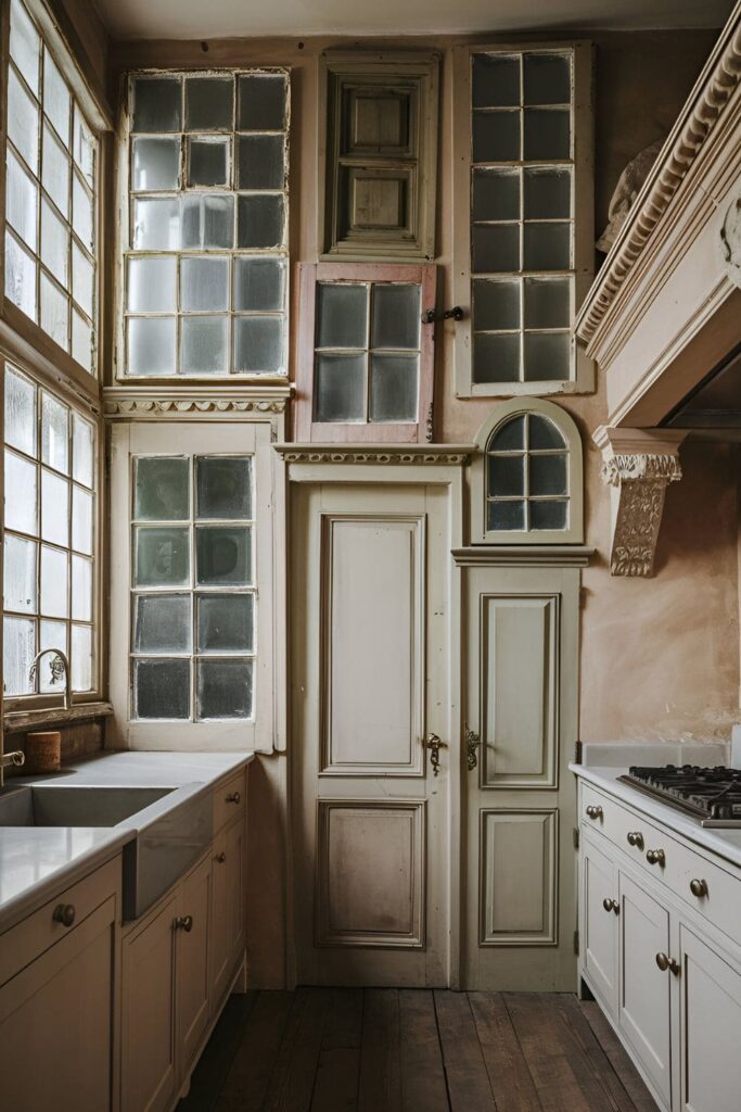 Kitchen wall decorated with architectural salvage pieces like old windows, doors, and corbels, adding character and history to the space