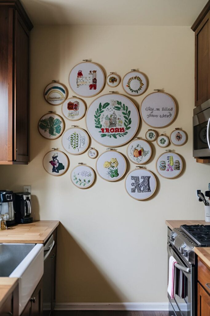 Kitchen wall decorated with embroidered hoops of various sizes, featuring designs reflecting the homeowner’s personality and kitchen theme, arranged artistically