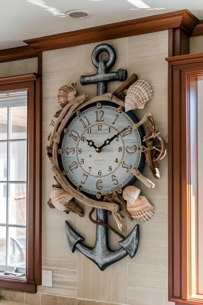 Kitchen wall featuring a coastal-themed clock with designs of anchors, seashells, and driftwood