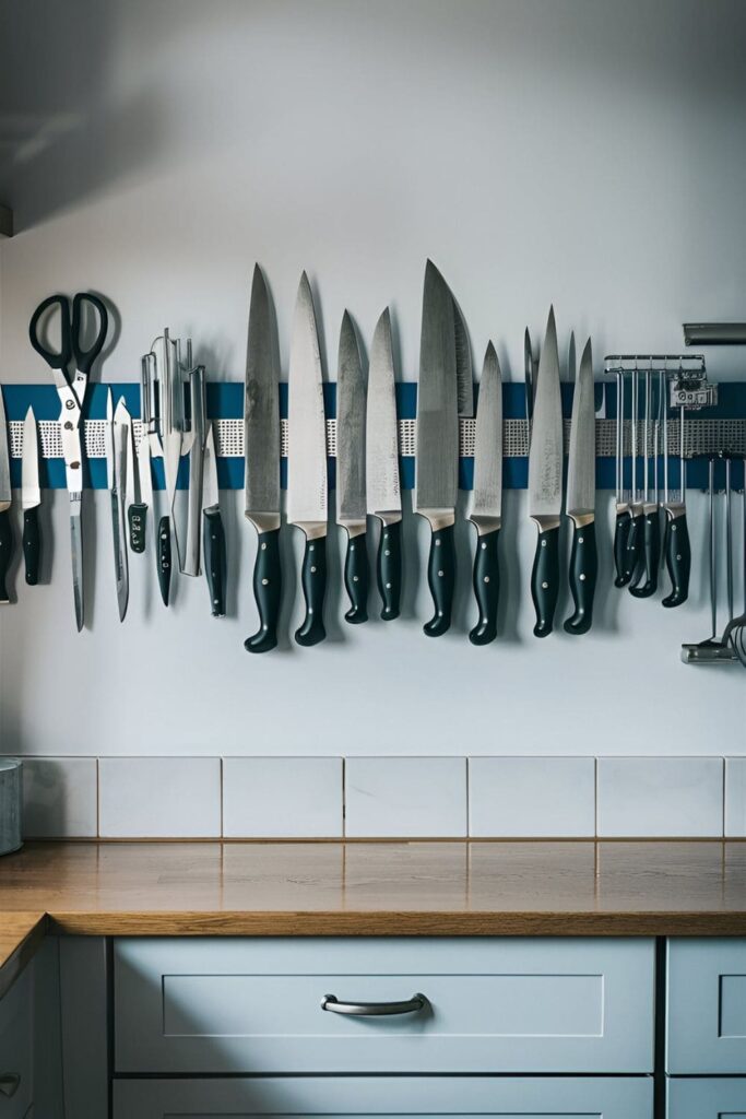 Kitchen wall with a magnetic strip holding knives, scissors, and other metal utensils. The organized tools are easily accessible, freeing up drawer space