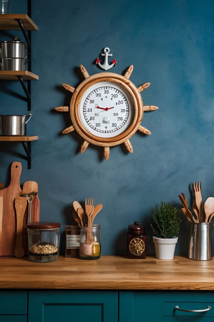 Kitchen wall with a nautical-themed thermometer decorated with anchors and ship wheels