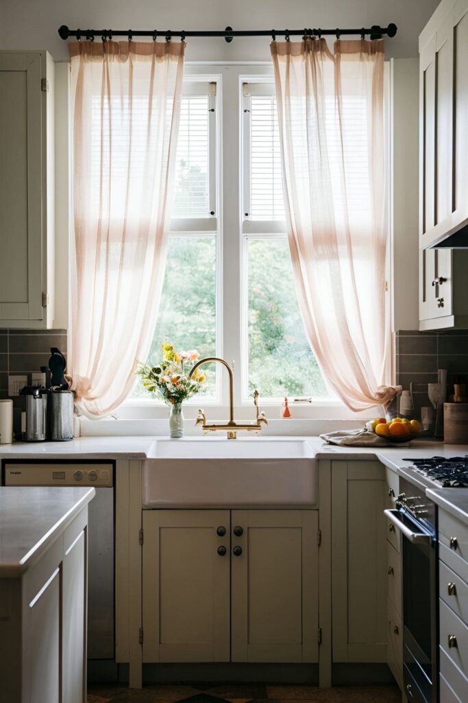 Kitchen window with light, airy curtains or blinds, allowing natural light to flood the space and showing the curtains gently blowing in the breeze