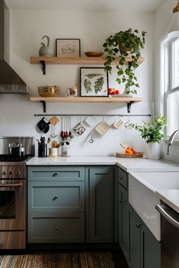 Kitchen with DIY wall art and handmade shelves, showing personal touches and creativity, with a person crafting or assembling a DIY project