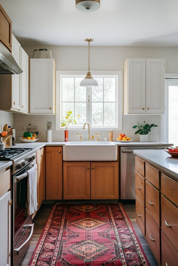 Kitchen with a bright, patterned rug placed in front of the sink area, adding color and comfort to the space