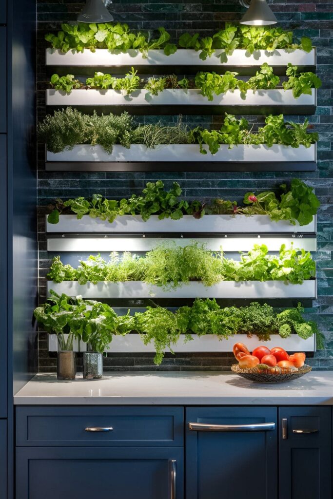 Kitchen with a living backsplash made of narrow planters filled with herbs and small leafy greens