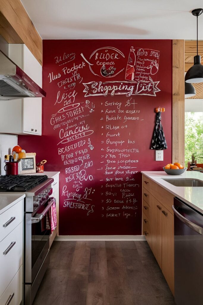 Kitchen with a red chalkboard wall filled with handwritten recipes and a shopping list, white cabinets, and wood accents