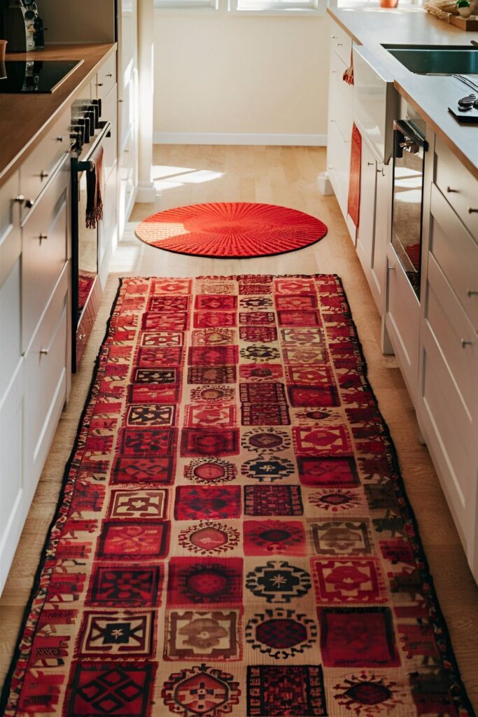 Kitchen with a red patterned rug placed along the main walkway and a small red mat by the sink