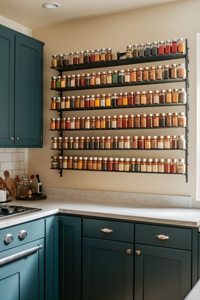 Kitchen with a wall-mounted spice rack displaying an array of colorful spice jars, keeping spices organized and within easy reach