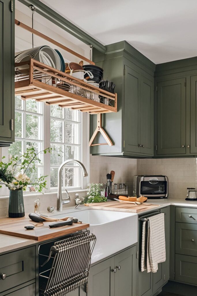 Kitchen with an over-the-sink cutting board and a roll-up drying rack. These solutions expand the work area and dry dishes without taking up counter space