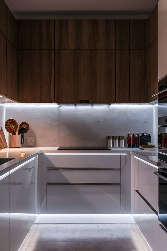 Kitchen with bright LED strip lights installed under the cabinets, illuminating the countertops and enhancing the ambiance