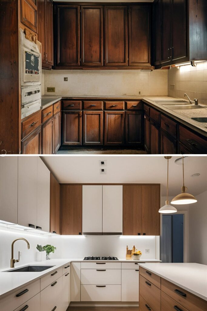 Kitchen with cabinets being sanded and painted from dark wood to white, refinishing the cabinets, before and after images