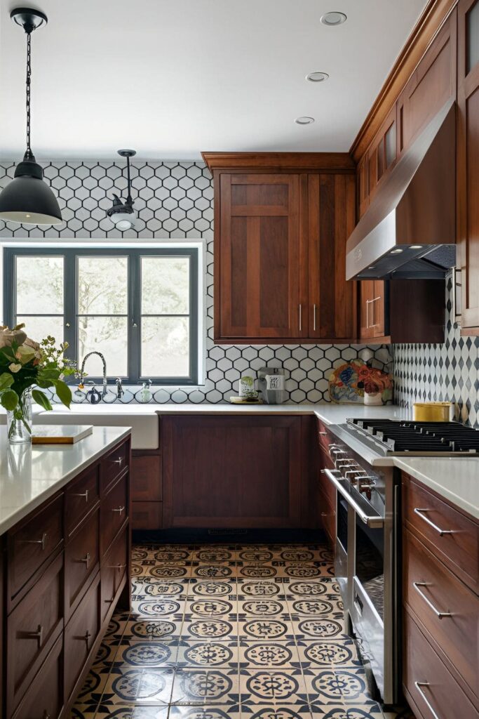 Kitchen with cherry cabinets and bold black and white geometric floor tiles, adding a dramatic and creative touch to the space