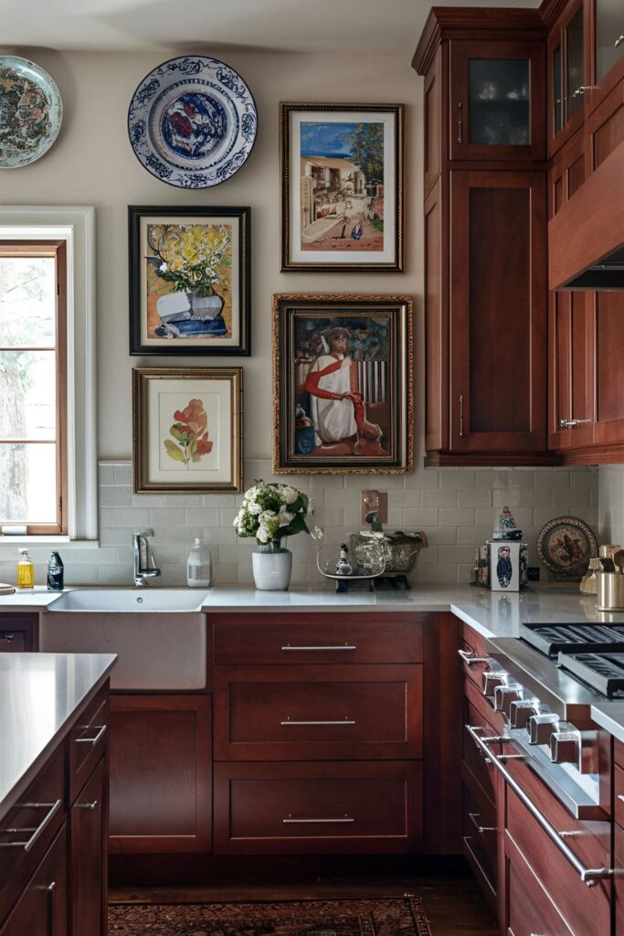 Kitchen with cherry cabinets decorated with framed prints and paintings that complement the rich wood tones, adding personal style