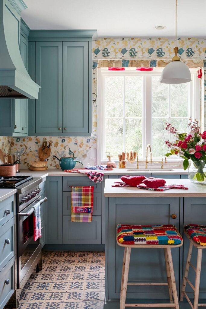 Kitchen with colorful dish towels, potholders, and seat cushions that match the decor, adding warmth and personality to the space