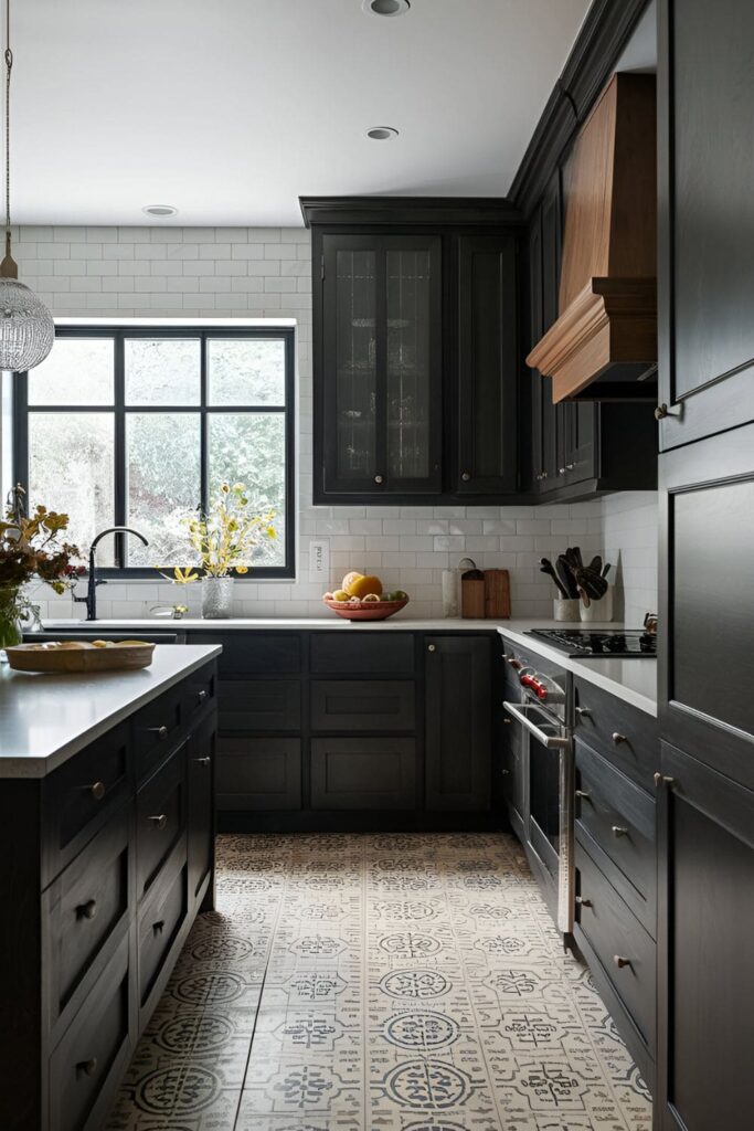 Kitchen with dark cabinets and light-colored, patterned floor tiles. The intricate tile designs add character and contrast, drawing attention to the flooring