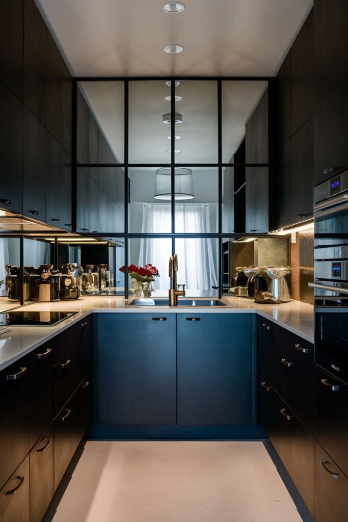 Kitchen with dark cabinets and mirrored elements. A mirrored backsplash reflects light, making the space feel larger and brighter. Modern appliances and minimal decor complete the look