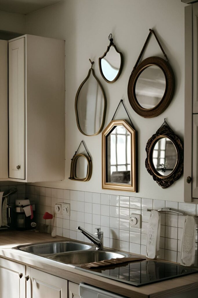 Kitchen with decorative mirrors of various shapes and frames hanging on the wall, reflecting light and creating the illusion of more space