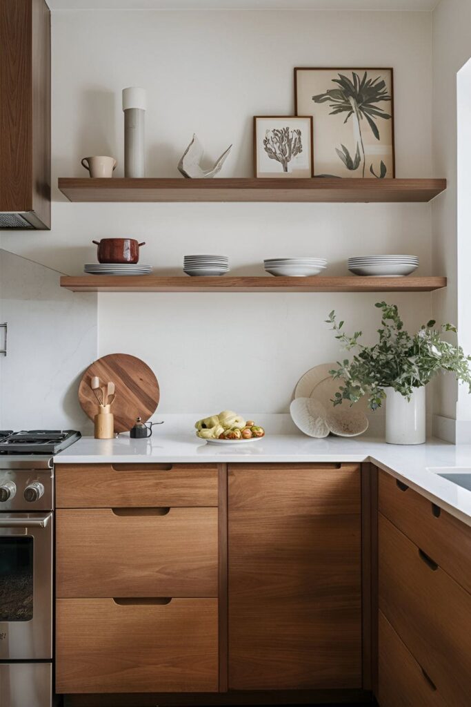 Kitchen with floating wooden shelves installed on a wall, displaying decorative items and dishes, highlighting the shelves' minimalistic design