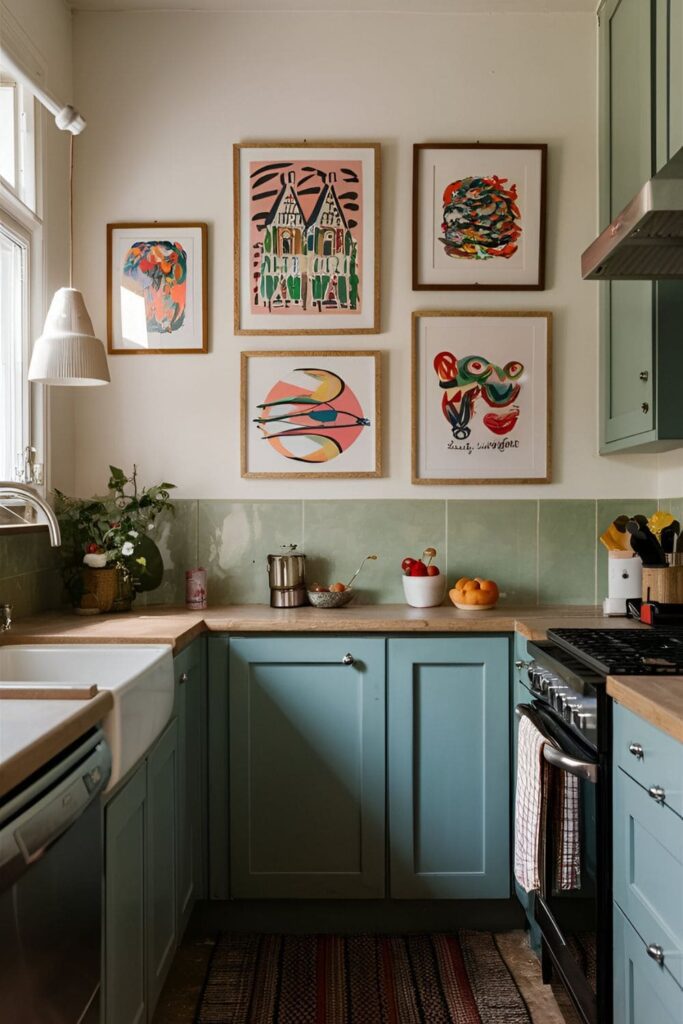 Kitchen with framed artwork featuring colorful and abstract designs hanging on the walls, adding personality to a cozy kitchen corner